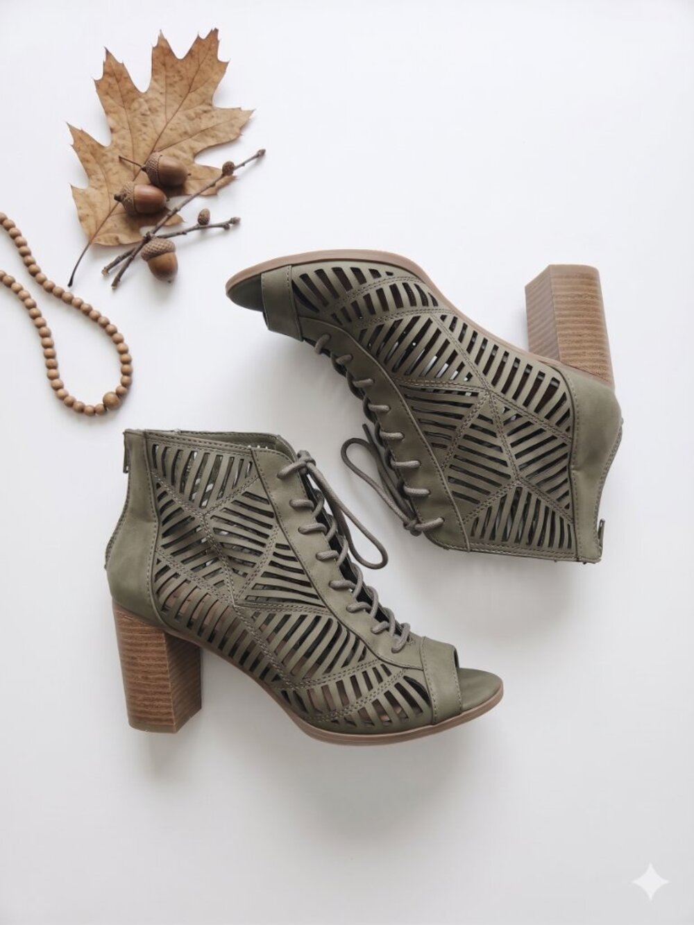 Olive Green Lace-Up Block Heel Booties